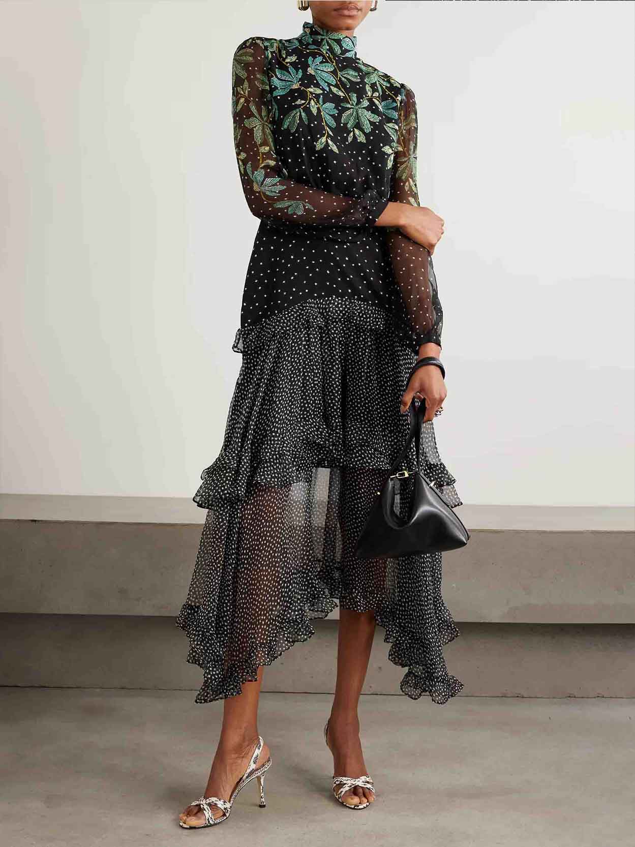 Exquisite Polka Dot Floral Print Ruffled Midi Dress Black