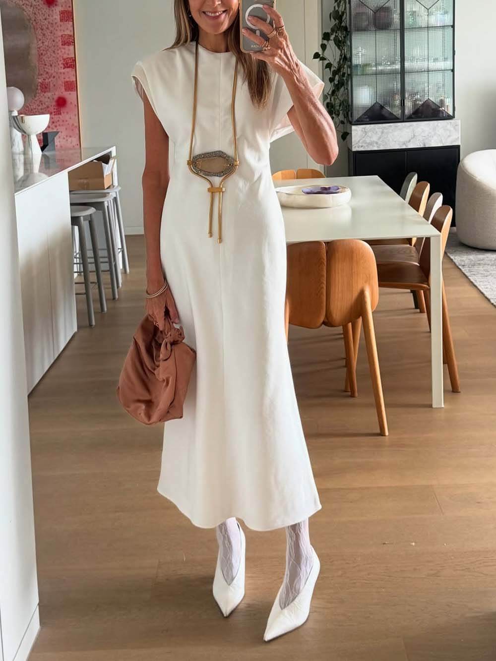 Elegant Drop-Shoulder Slim Maxi Dress White