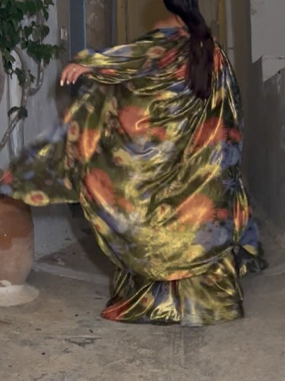 Unique Floral Print Satin Kimono Blouse