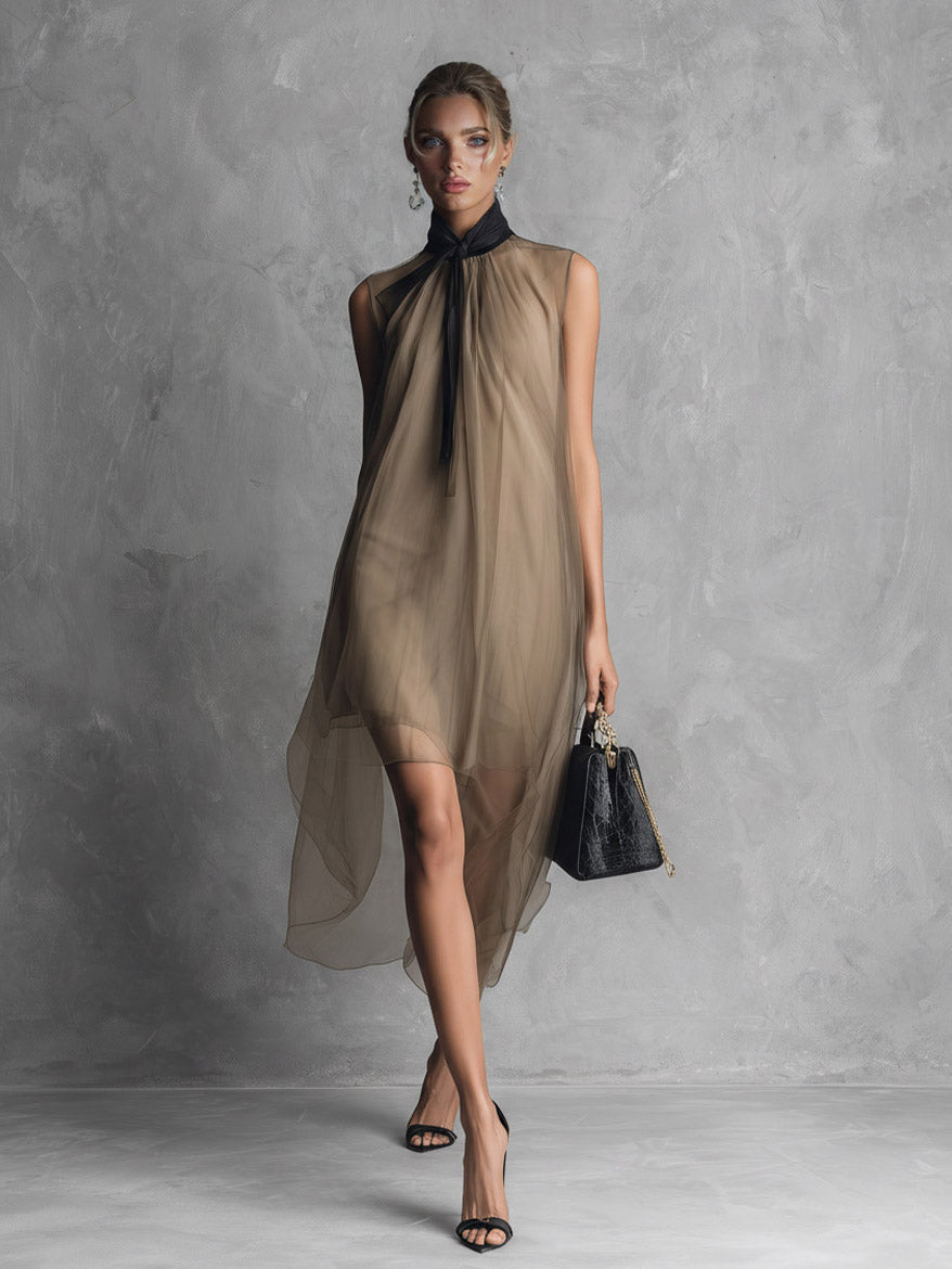 Elegant Sleeveless Asymmetric Sheer Chiffon Midi Dress Apricot