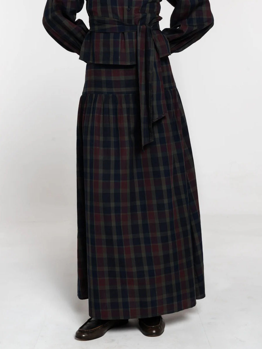 Retro Plaid Print Tie-belt Shirt Blue Skirt