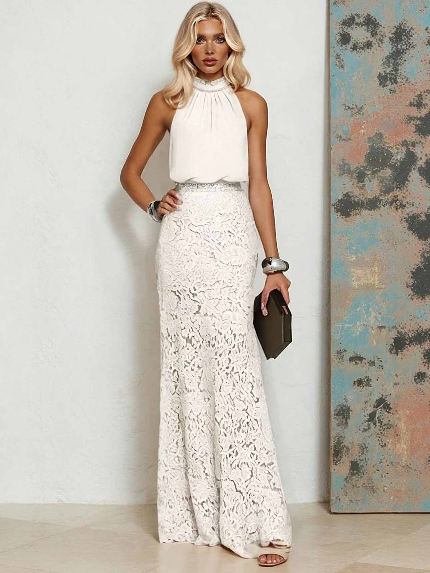 Elegant Chiffon Lace Backless Mermaid Maxi Dress White