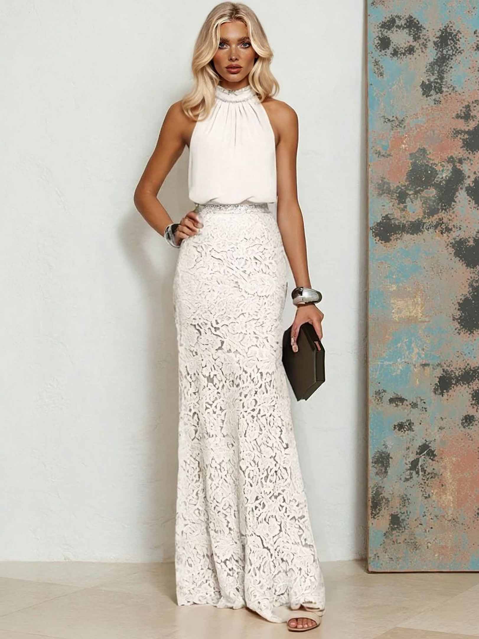 Elegant Chiffon Lace Backless Mermaid Maxi Dress White
