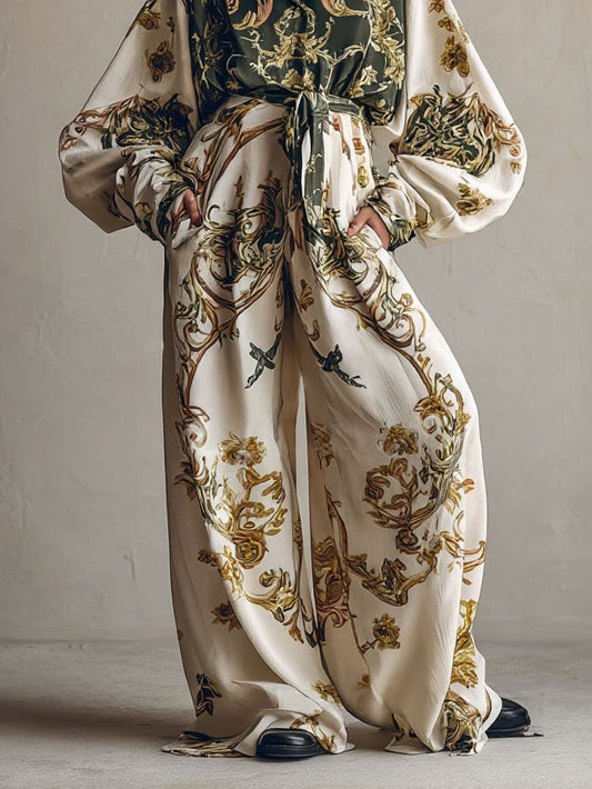 Retro Baroque Floral Print Shirt Multi Pants