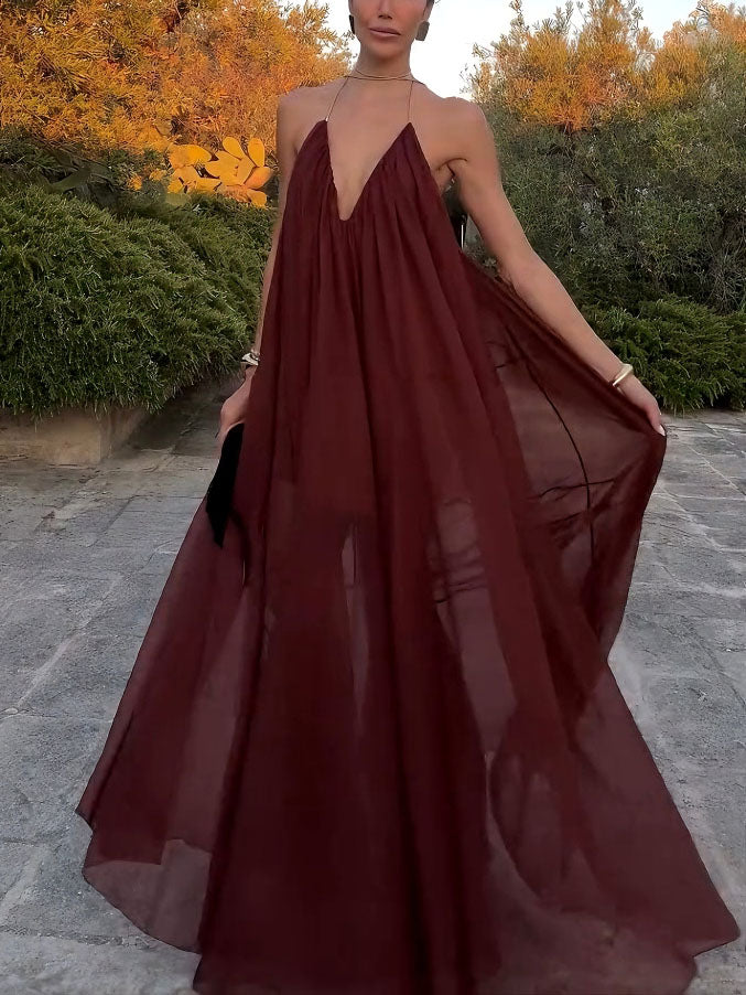 Elegant V-neck Chiffon Flowy Maxi Dress Deep Red