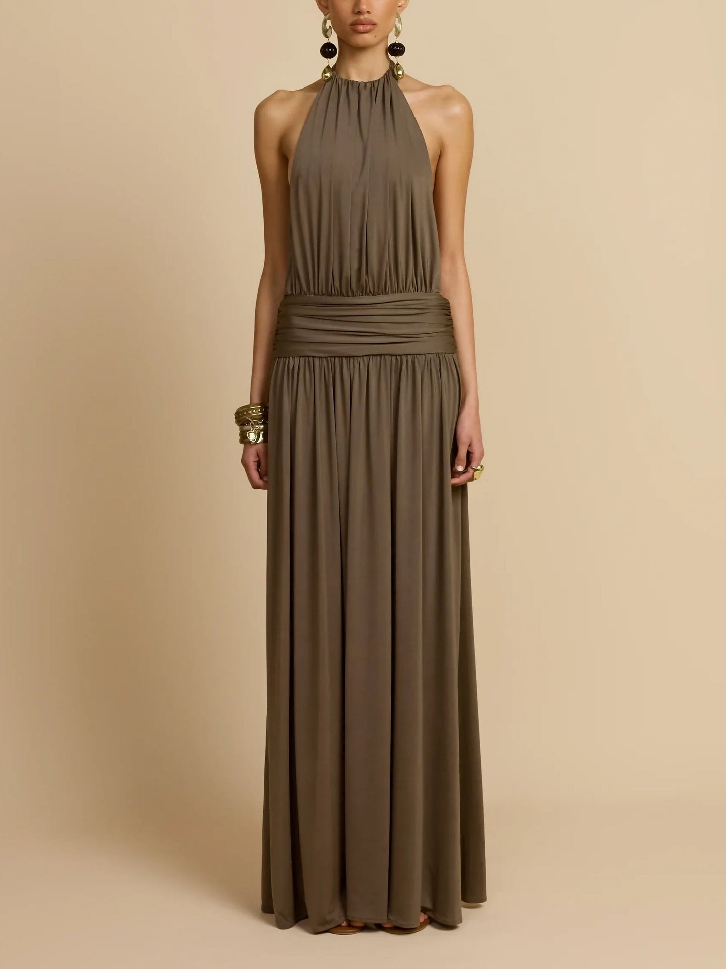 Sexy Open-back Pleated Low-waist Knitted Maxi Dress Green