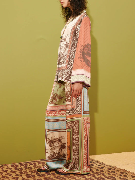 Unique Satin Floral Print Button-Up Shirt with Elastic Waist Pockets And Wide-Leg Pants Set