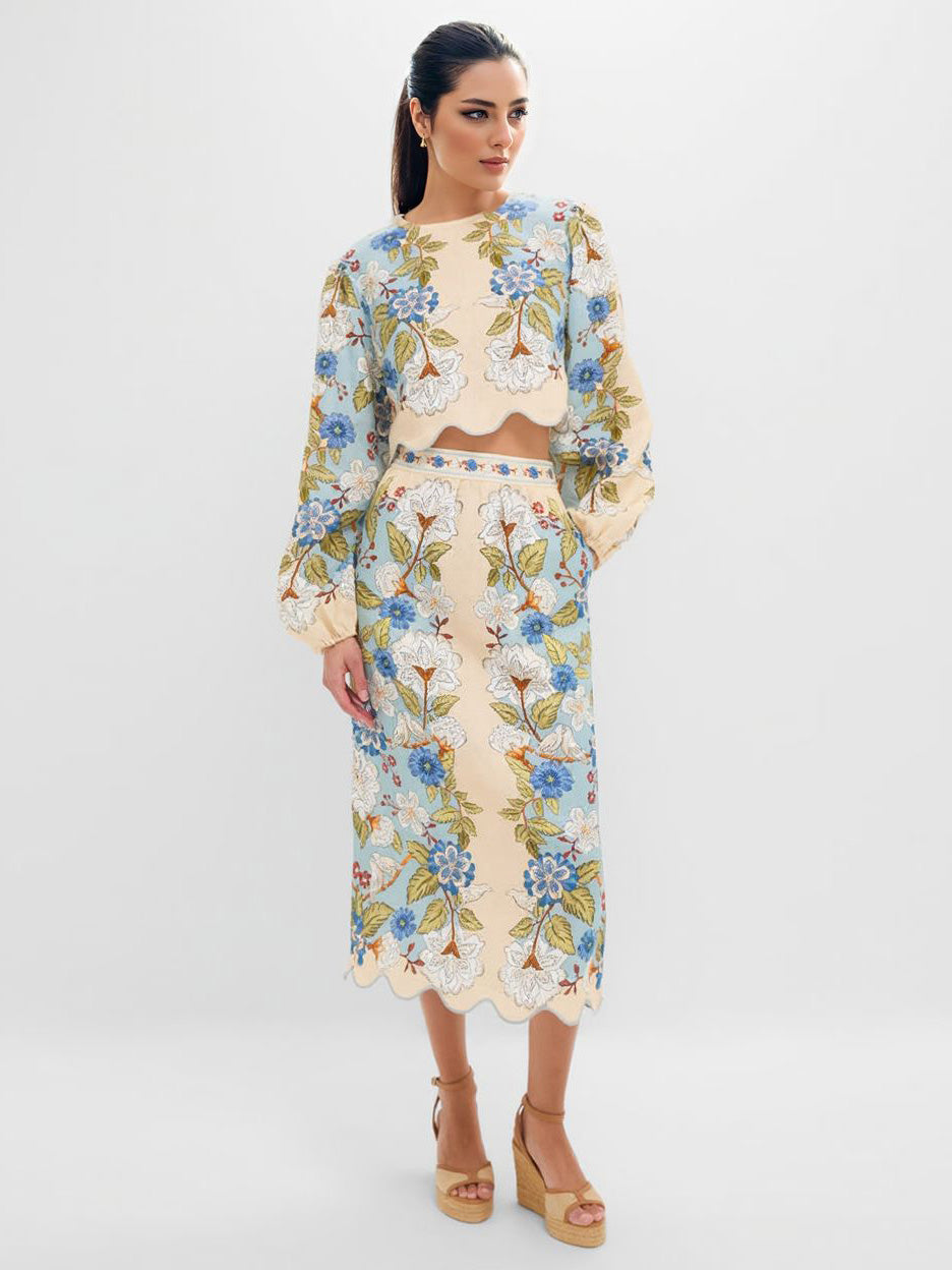 Retro Floral Embroidered Crop Top & Midi Skirt Two-Piece Set Multi Set