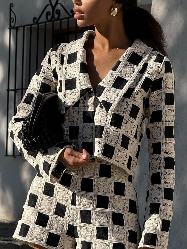 Exquisite Crochet Grid Pattern Long Sleeve Jacket Black
