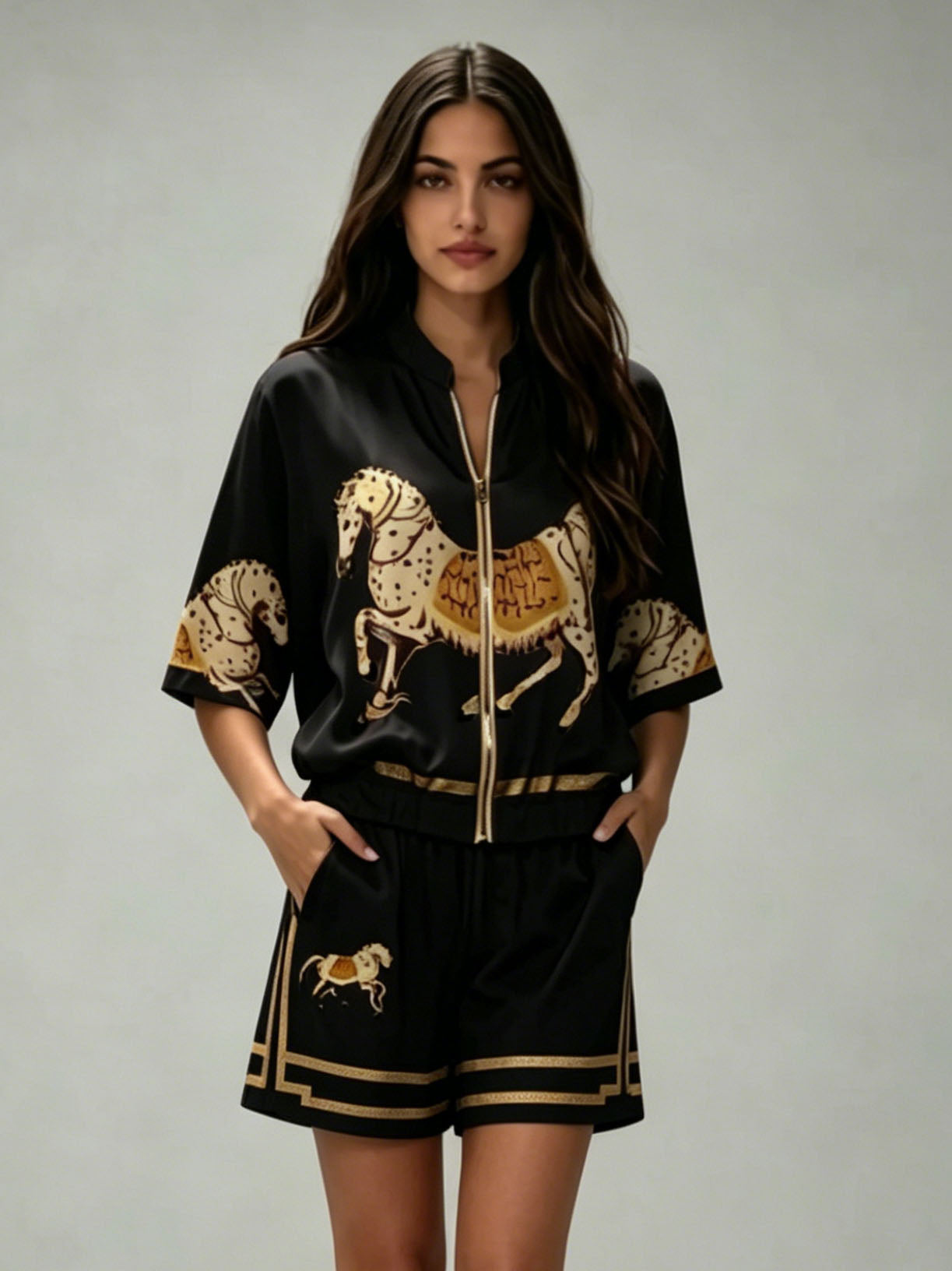 Exquisite Satin Horse Print Zip-Up Shirt & Shorts Set Black Set