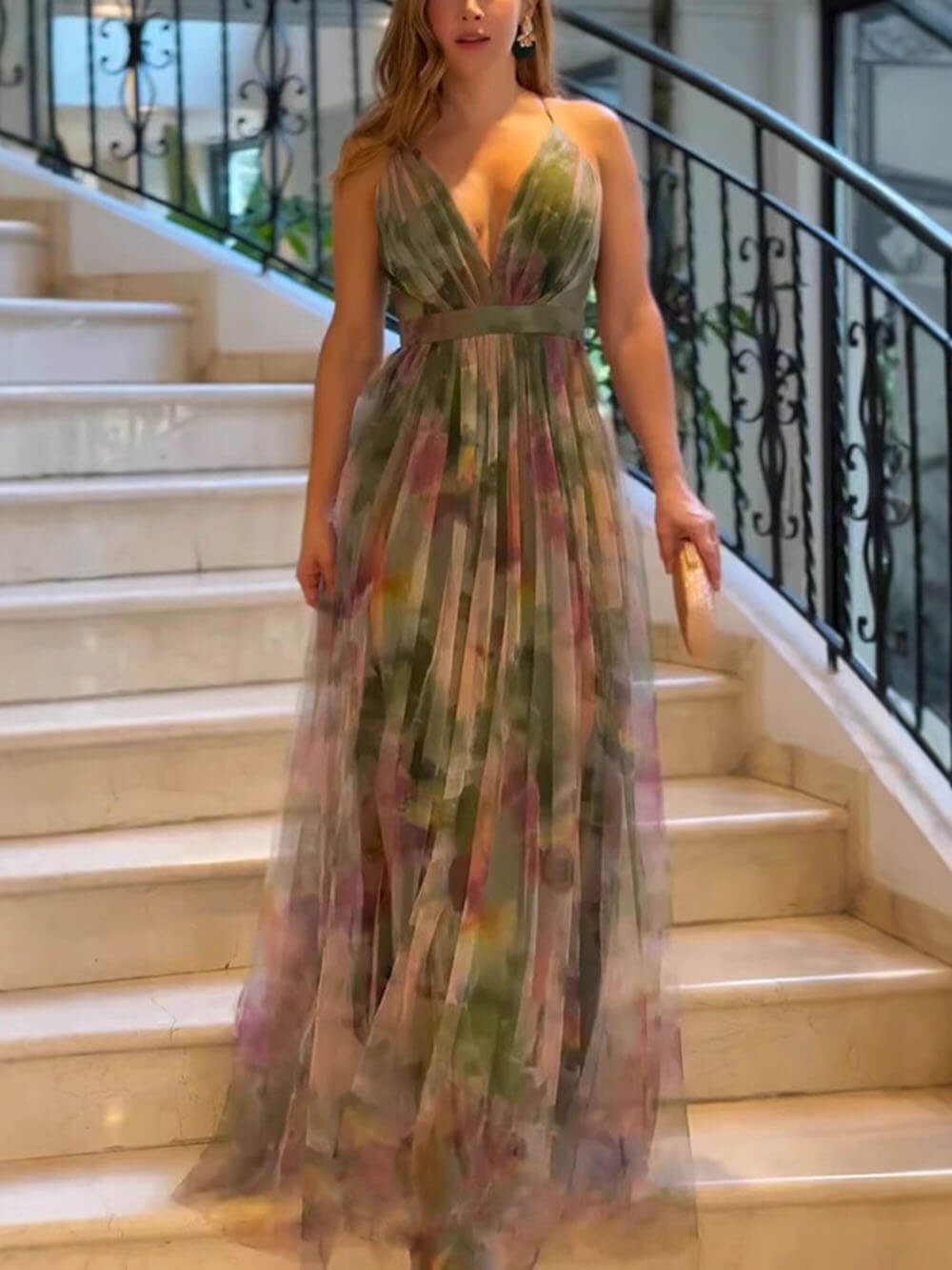 Elegant Casual Mesh Print Suspender Wide Swing Maxi Dress Military Green