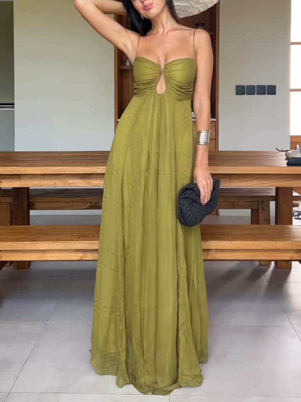 Elegant Metal Hollow Design Back Smocked A-line Slip Maxi Dress Olive