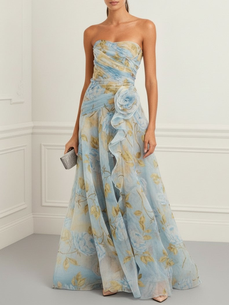 Elegant Strapless Floral Print Chiffon Maxi Dress Blue
