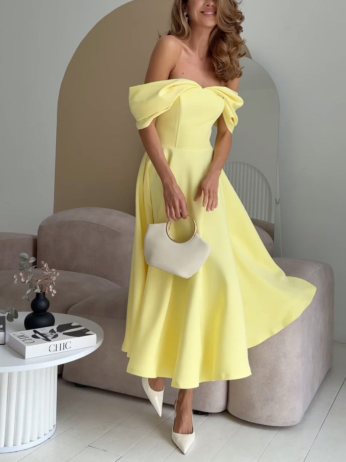Elegant Off-the-shoulder Draped Maxi Dress Yellow
