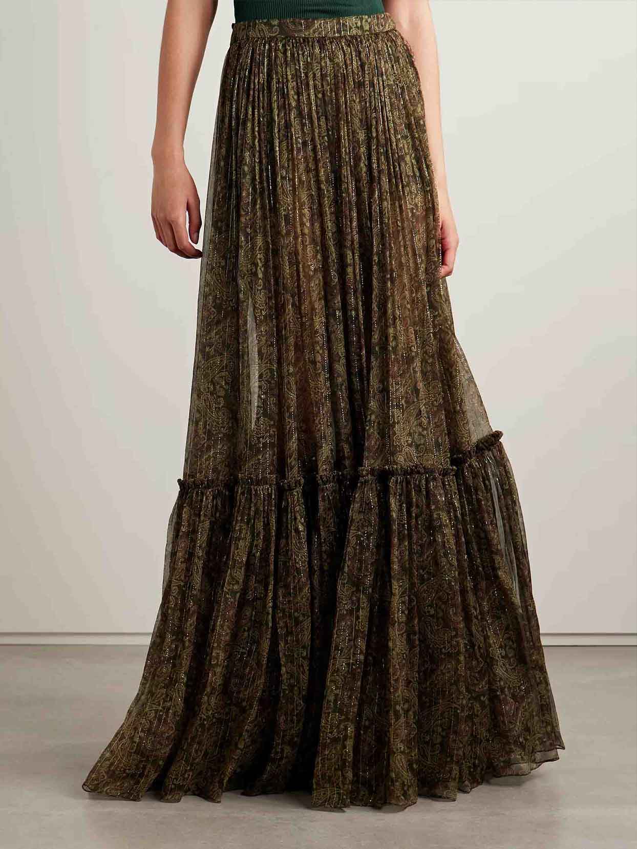Retro Paisley Chiffon Print Skirt Dark Green
