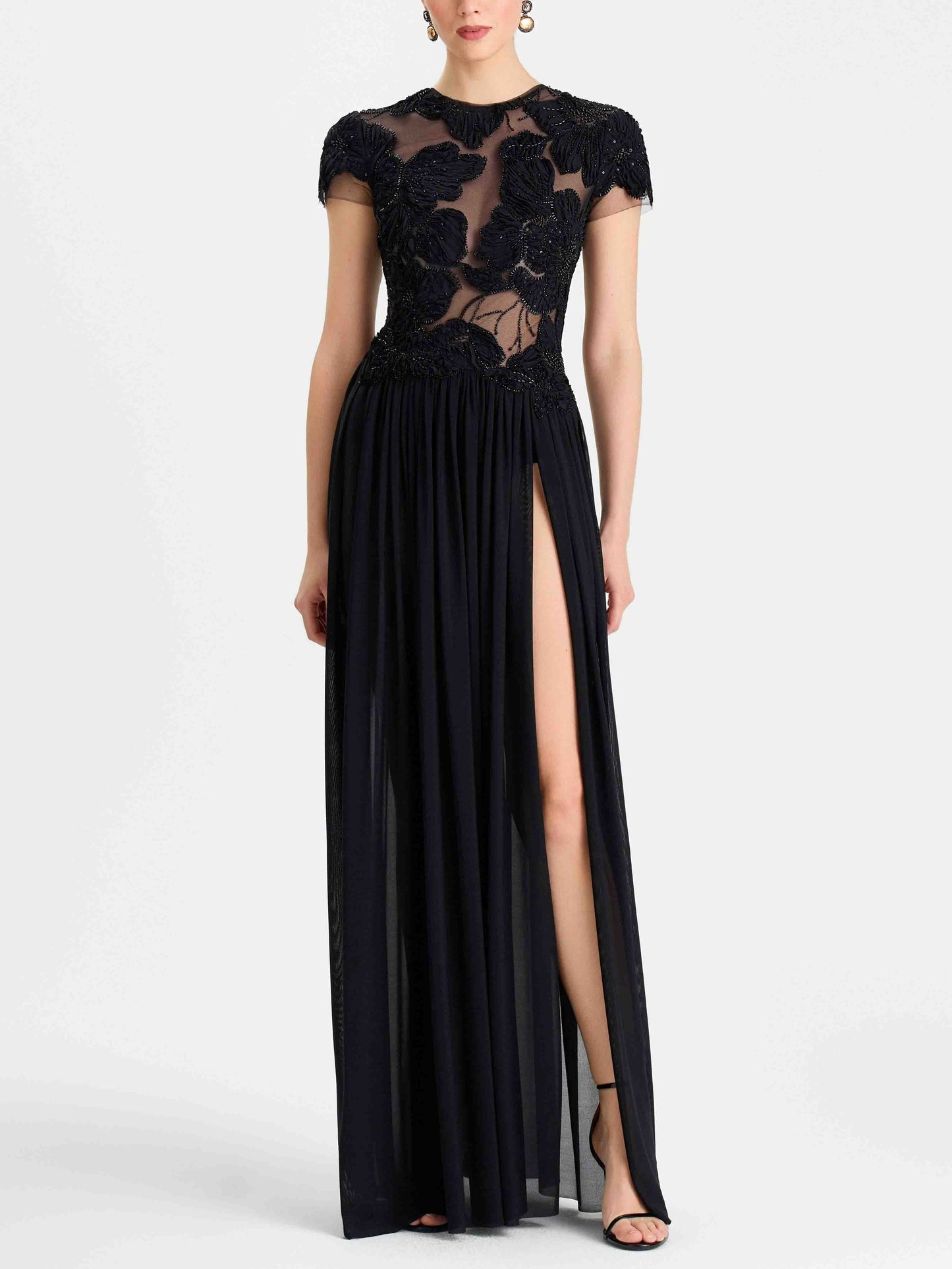 Elegant Sheer Neckline Floral Applique Evening Maxi Dress Black