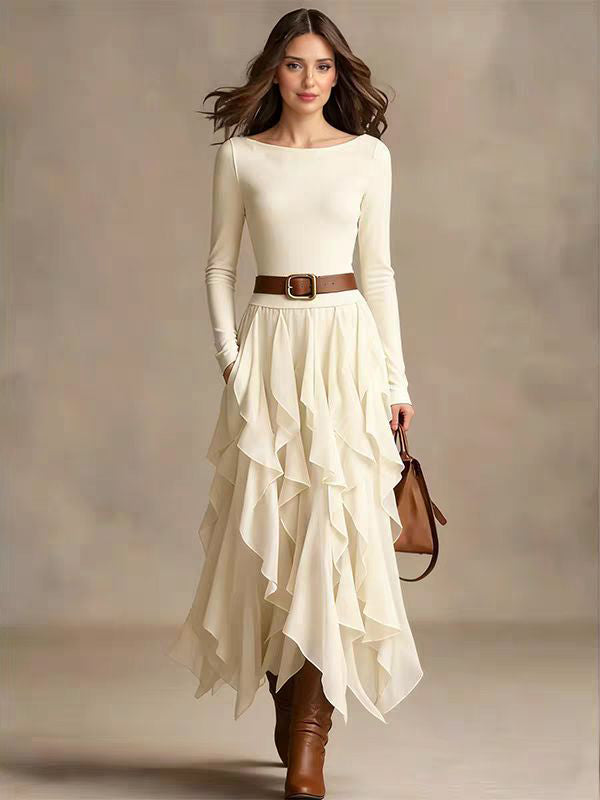 Casual Irregular Ruffled Off-Shoulder Maxi Dress Cream