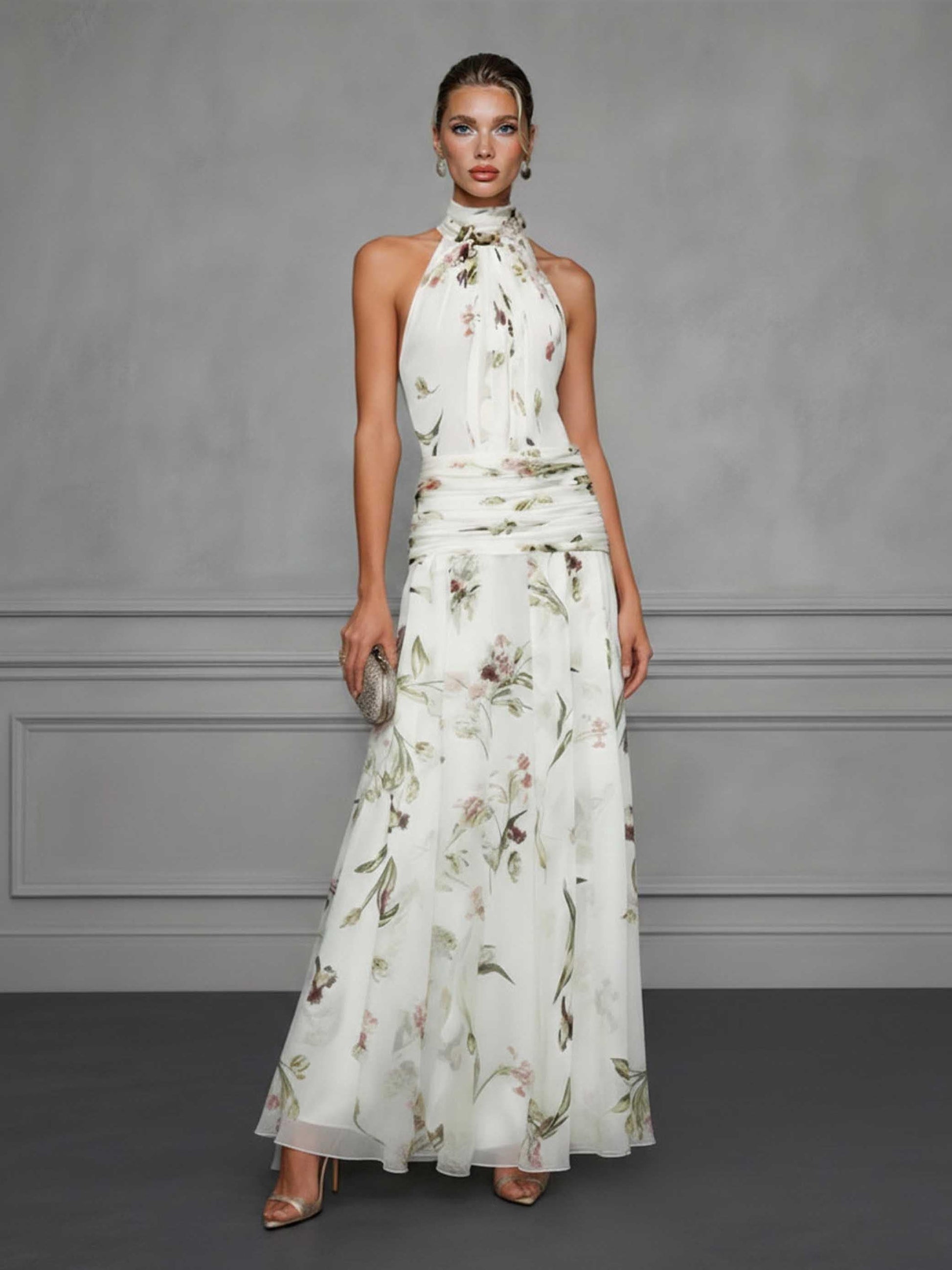 Elegant Ruffled Floral Chiffon Backless Maxi Dress White