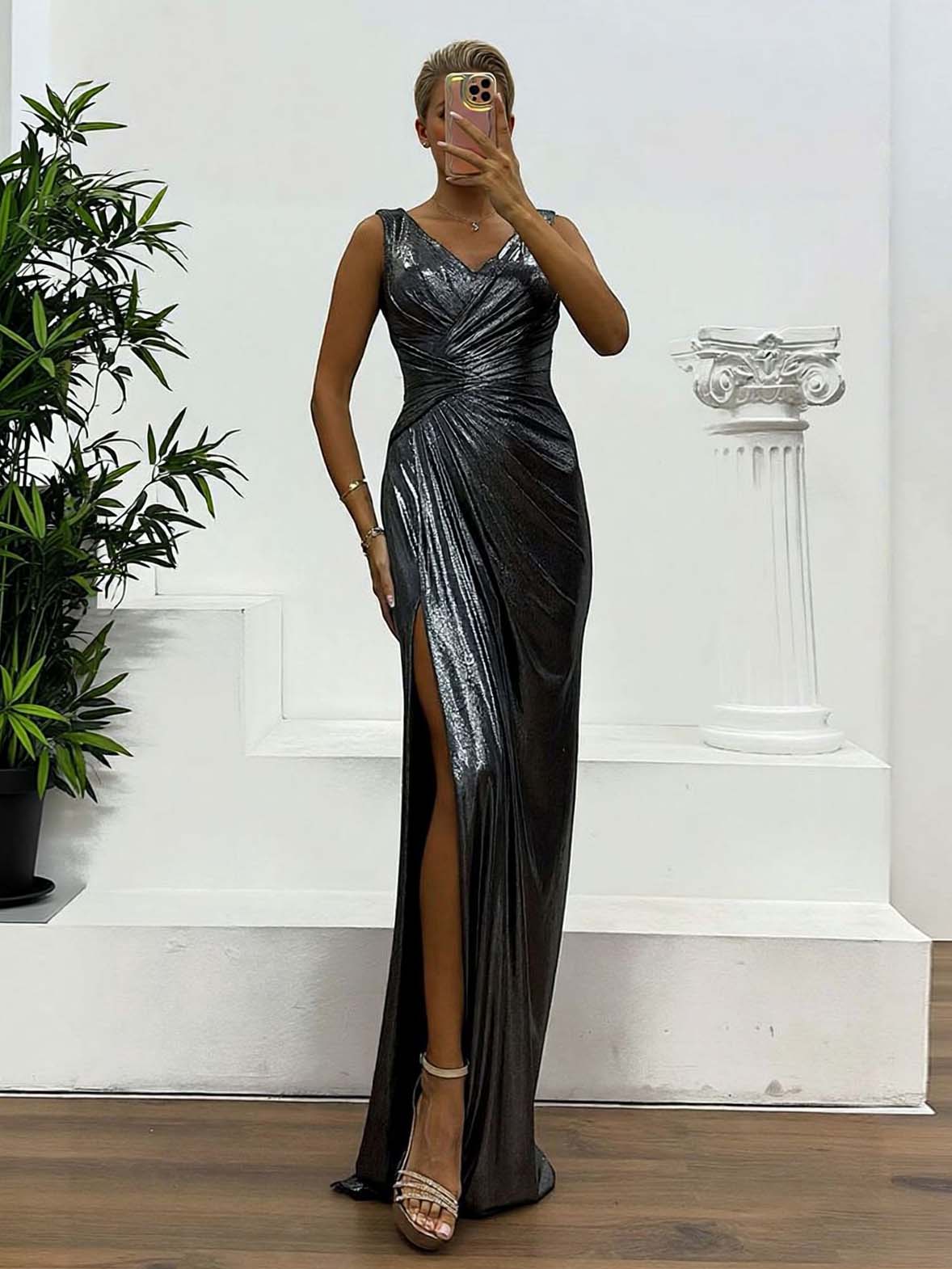 Elegant V-neck Draped Evening Gown Maxi Dress Dark Gray