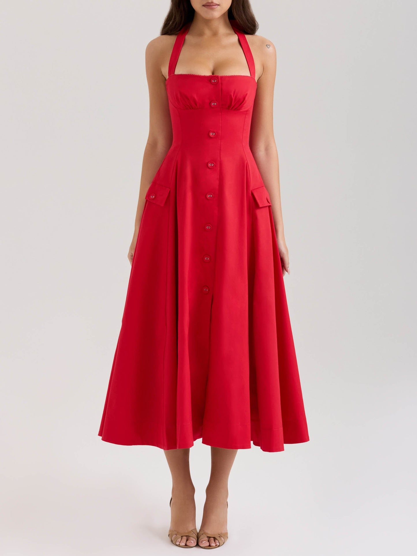 Elegant Square Neck Pleated Button Midi Dress Red