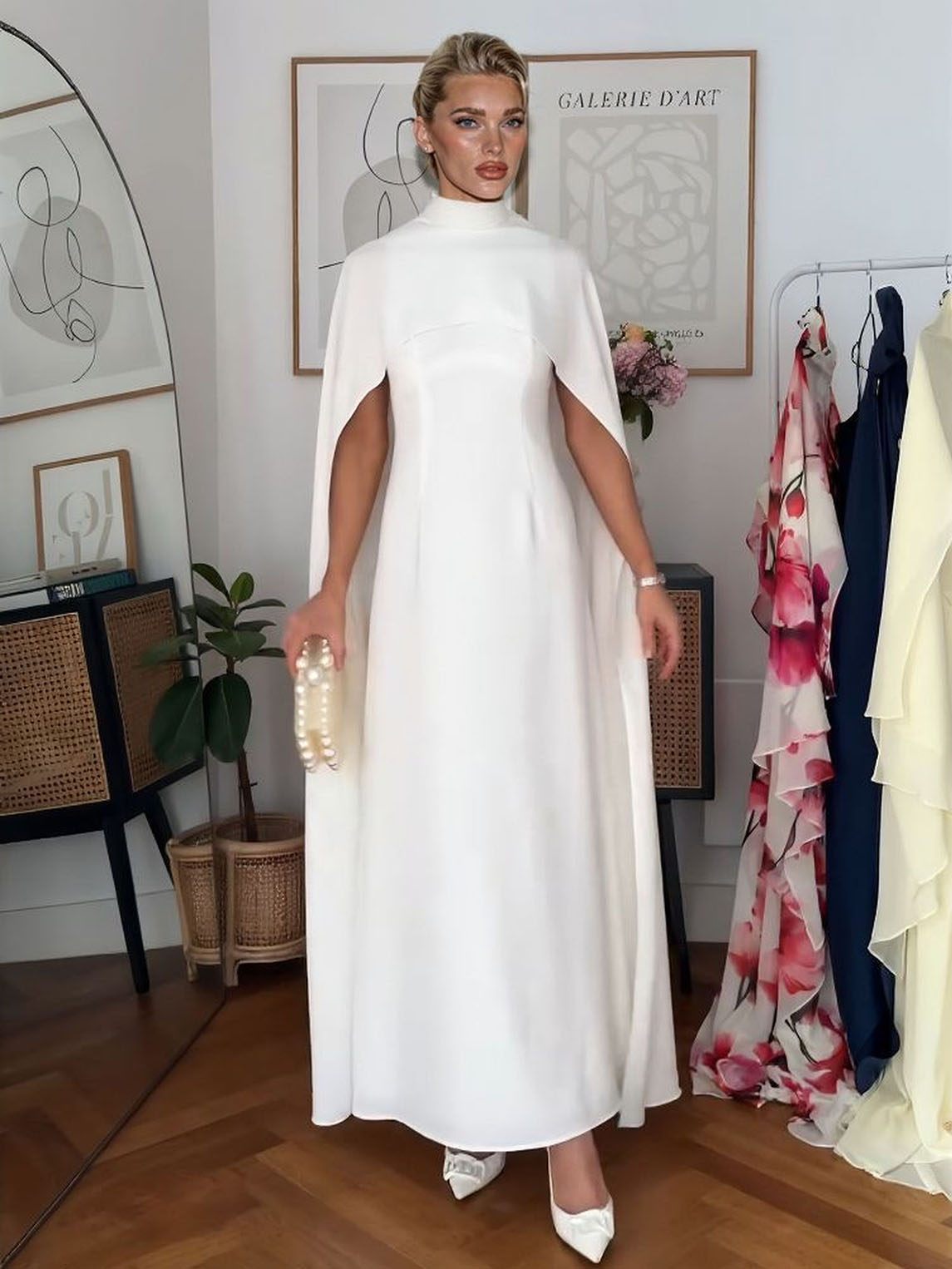 Elegant High-Neck Cape-Style Maxi Dress White