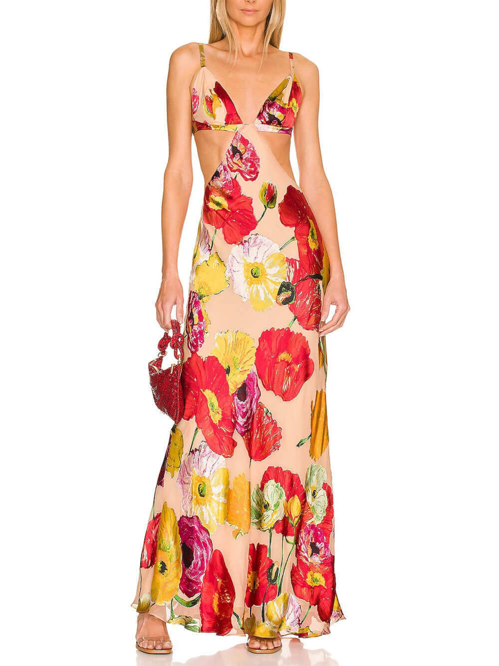 Elegant Floral Print Cutout Backless Maxi Dress Red