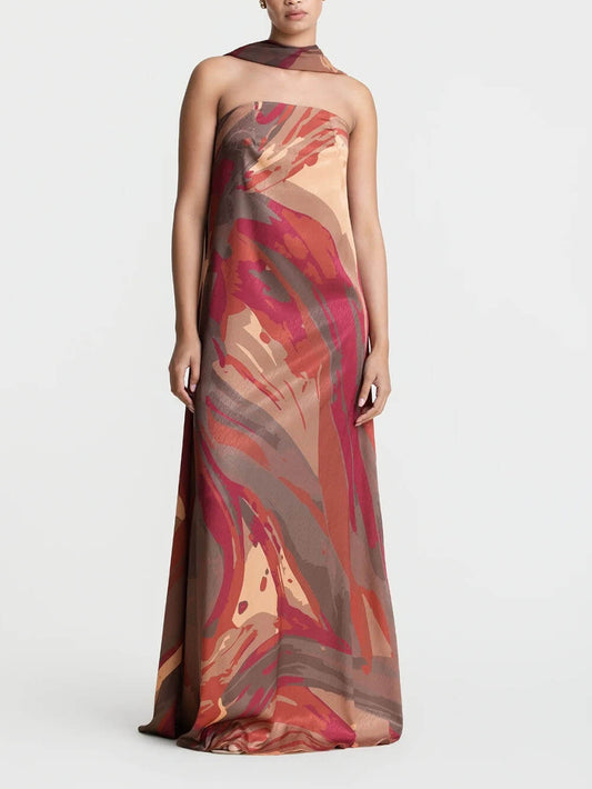 Elegant Strapless Shawl-Style Flowing Maxi Dress
