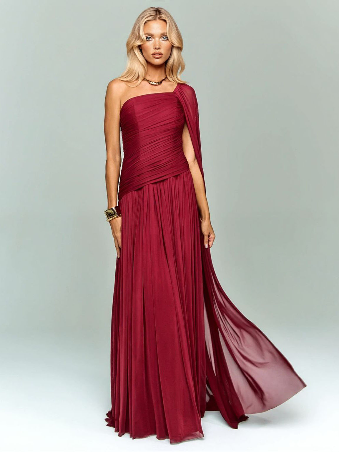 Elegant One-Shoulder Ruched Chiffon Maxi Dress Red