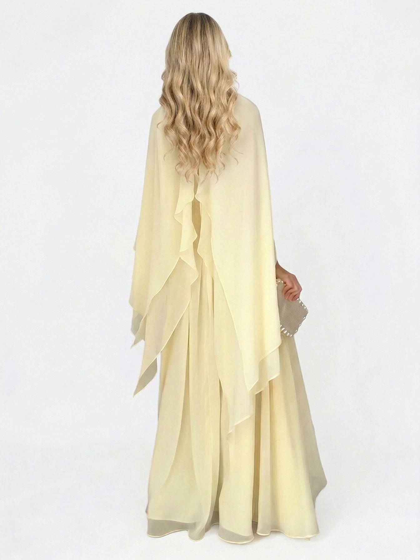 Elegant Cape Style Ruched Ruffle Maxi Dress