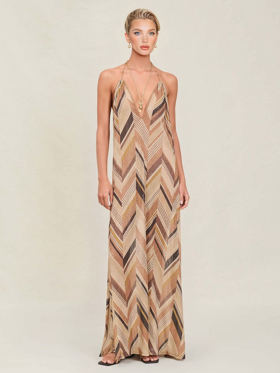 Bohemian Chevron Print Halter Maxi Dress Brown