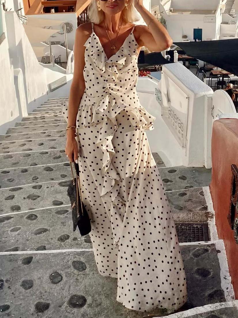 Casual V-neck Polka Dot Print Ruffled Maxi Dress White
