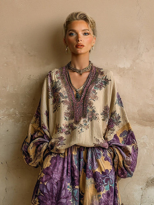 Retro Floral Embroidered V-Neck Loose Top Multi Top