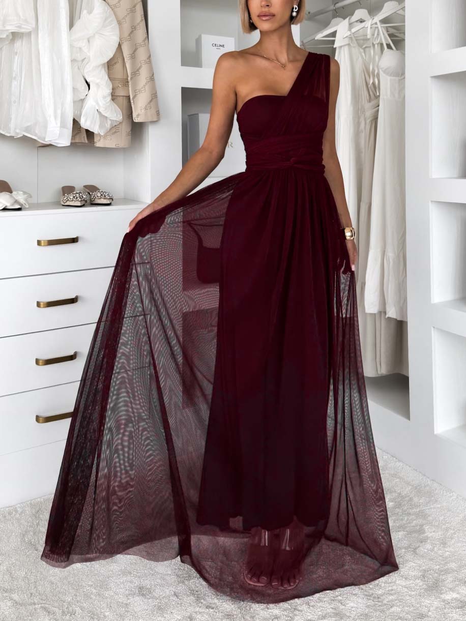 Elegant Sleeveless Mesh Ruched Convertible Maxi Dress Red
