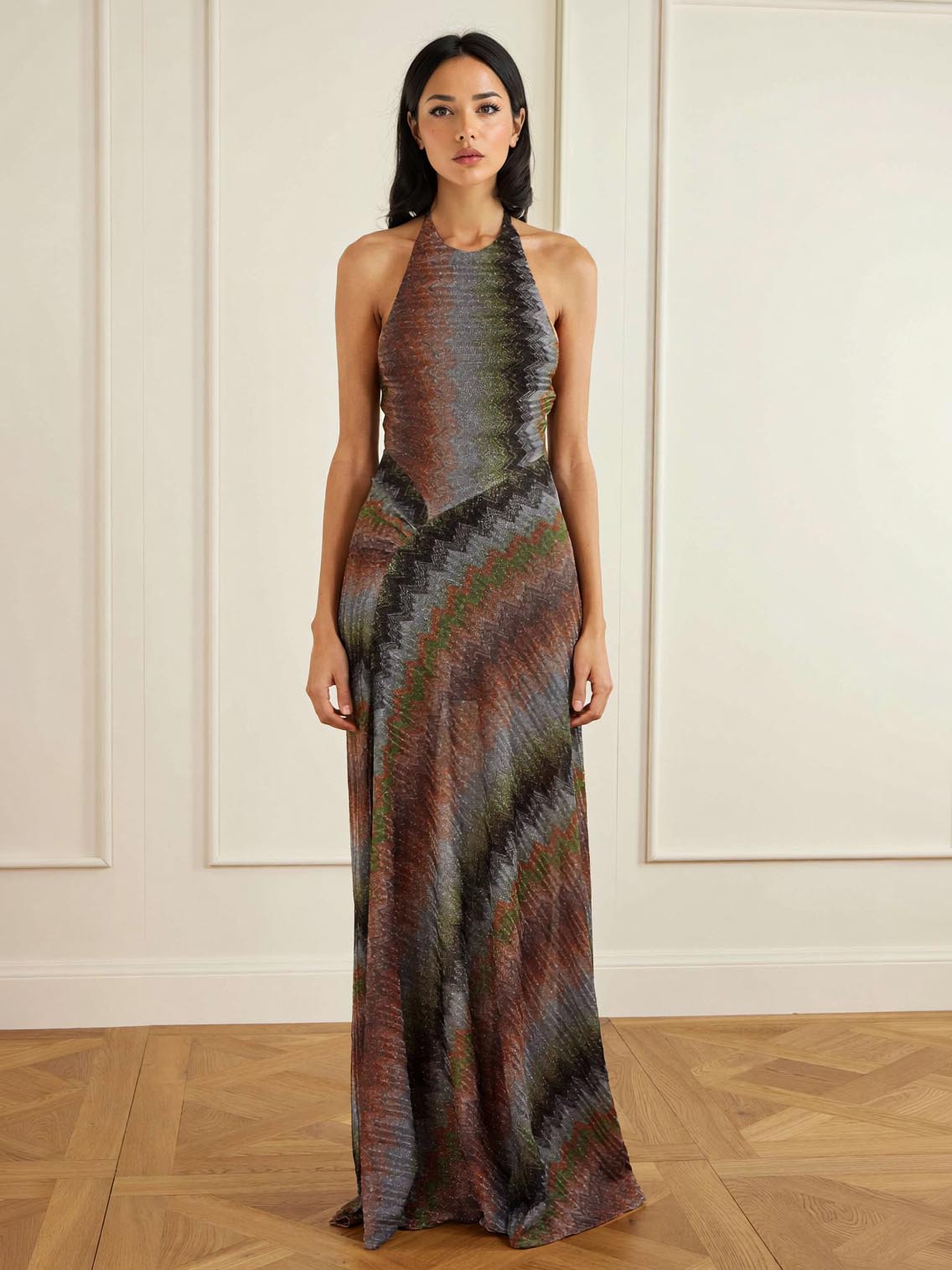 Retro Casual Halter Neck Irregular Striped Maxi Dress Multi