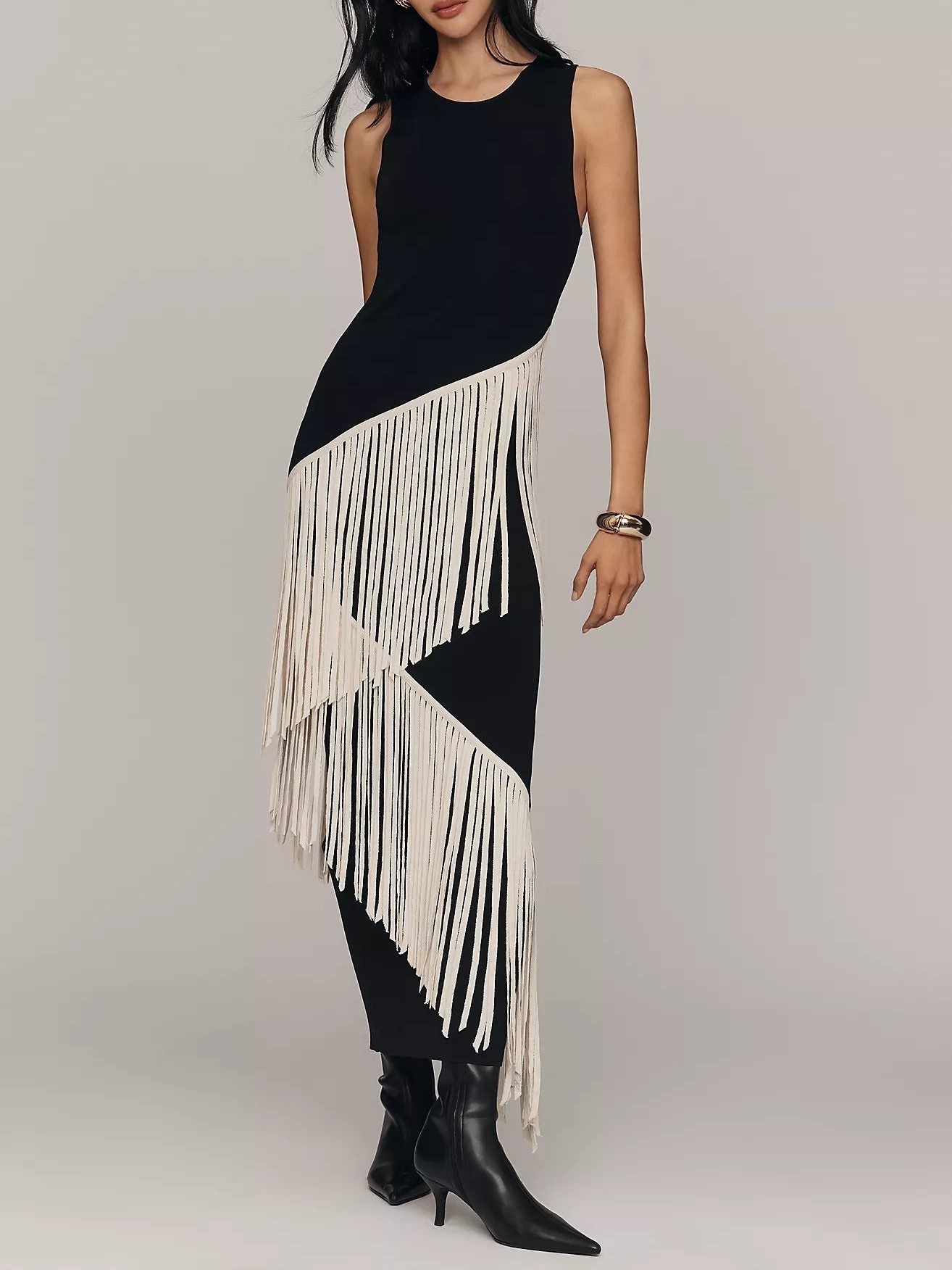 Elegant Asymmetrical Fringe Trim Bodycon Maxi Dress Black