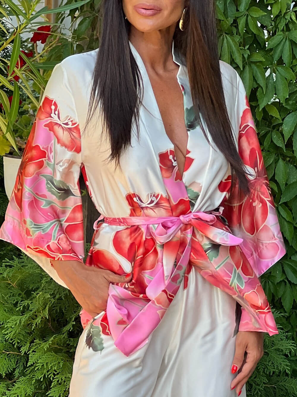 Delicate Floral Print Bell Sleeve Tie-Waist Blouse Pink