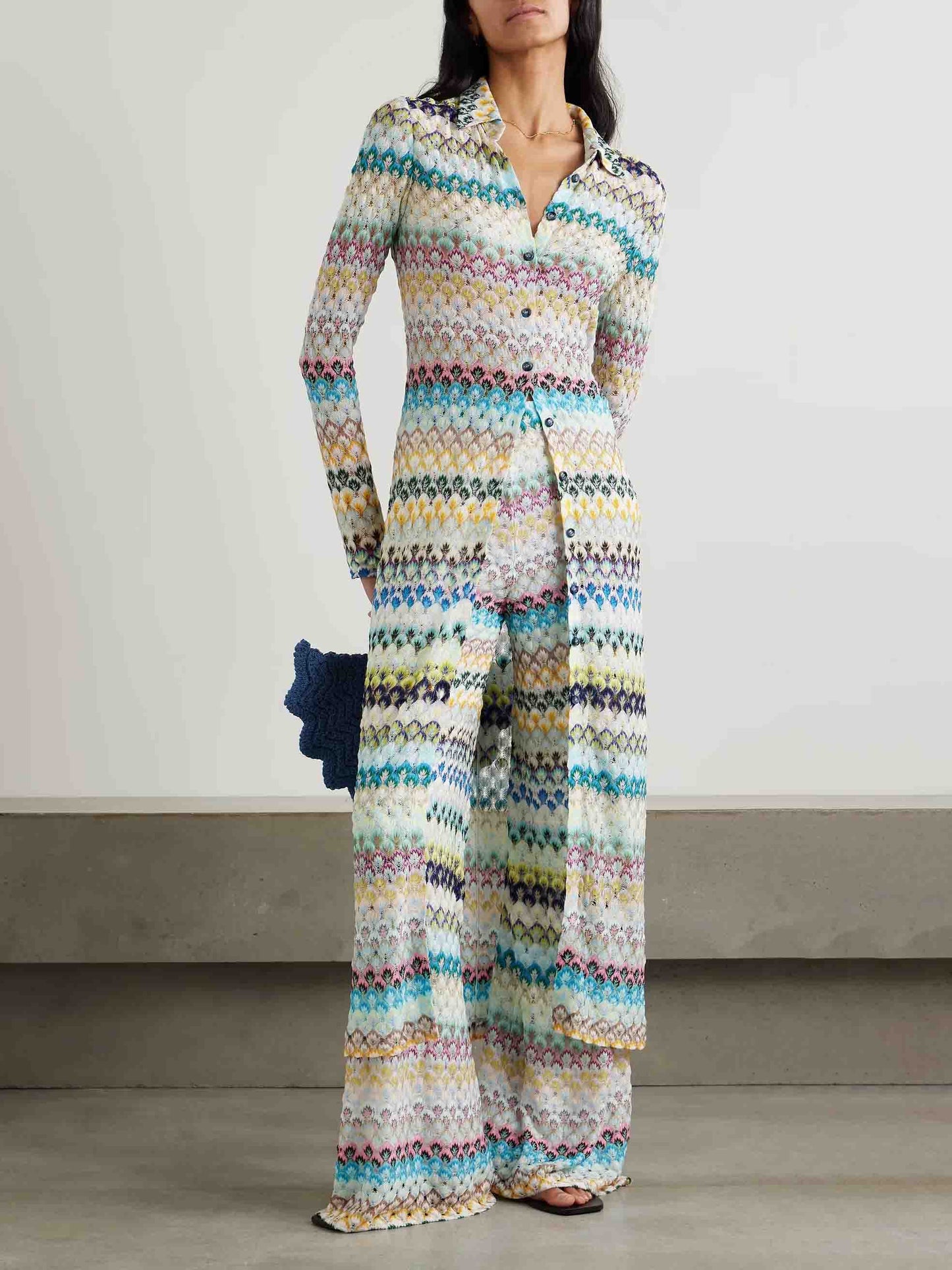 Elegant Wavy Crocheted Long Cardigan Multi