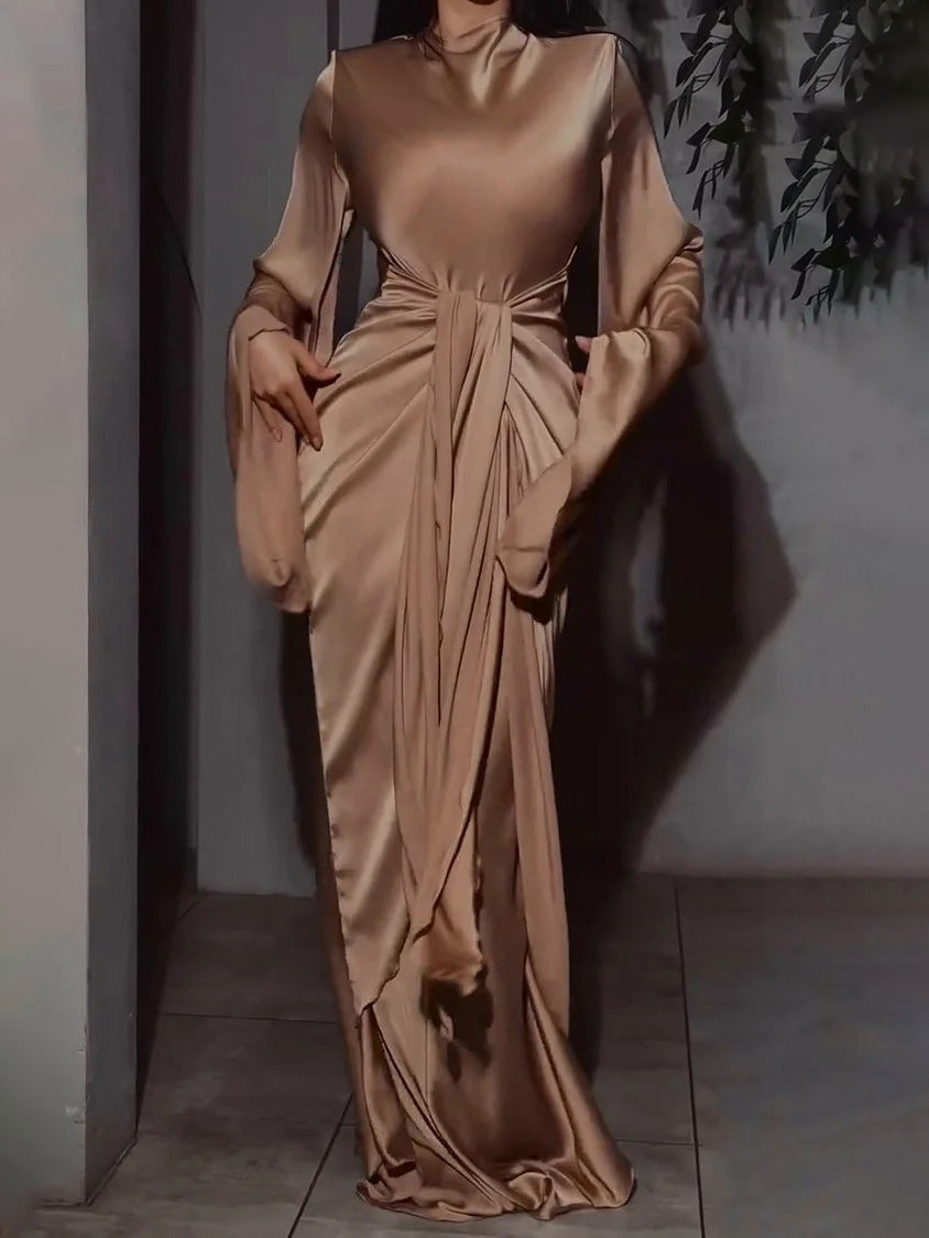 Elegant Satin Draped Long-Sleeve Maxi Dress Khaki