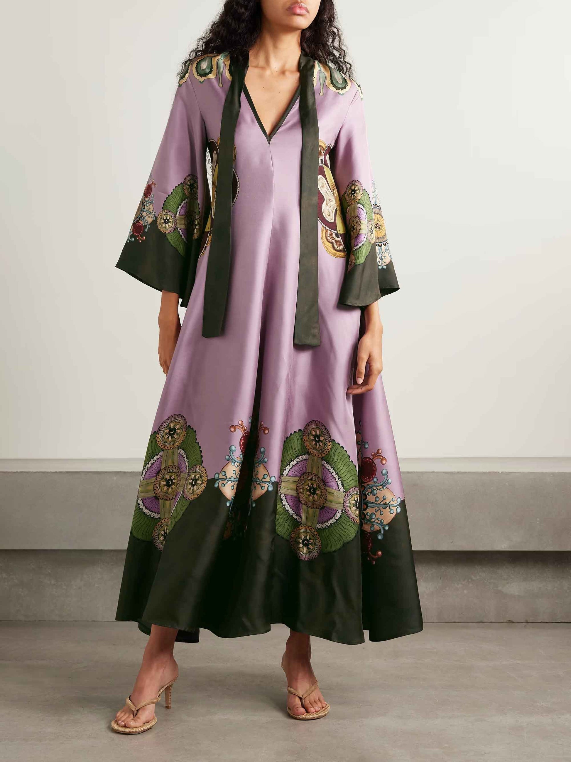 Retro Sophisticated Satin Floral Print Maxi Dress Purple