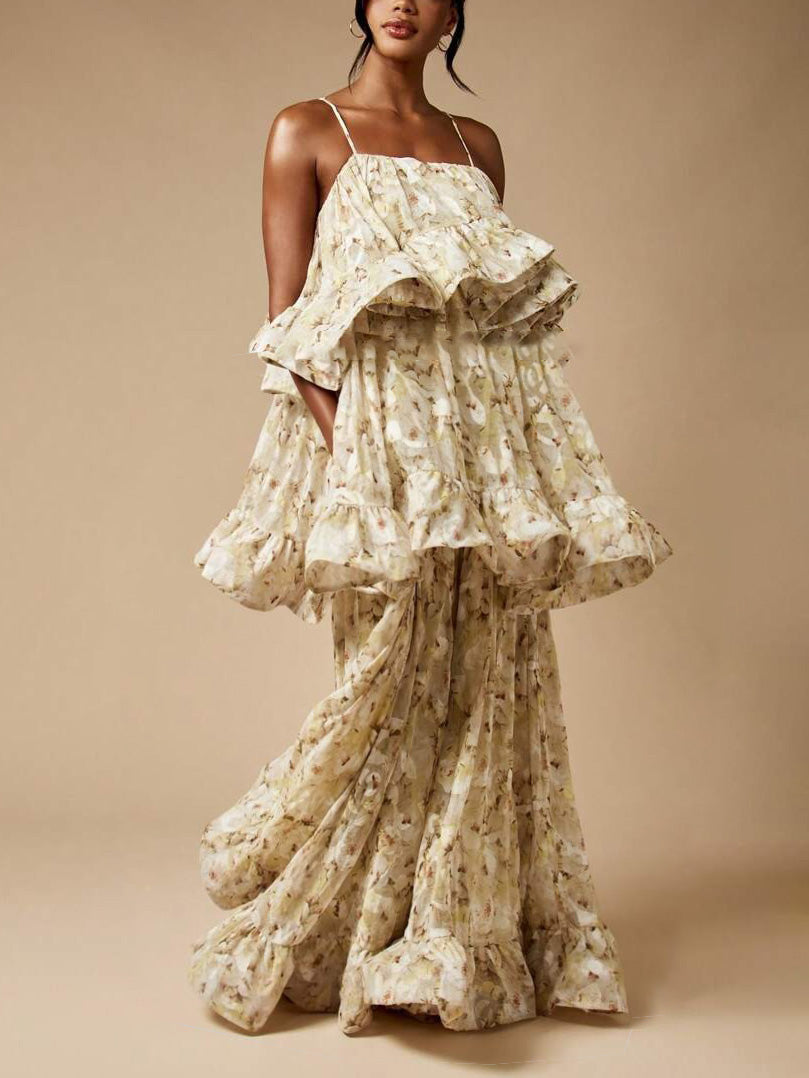Elegant Floral Ruffled Layered Maxi Dress Multi