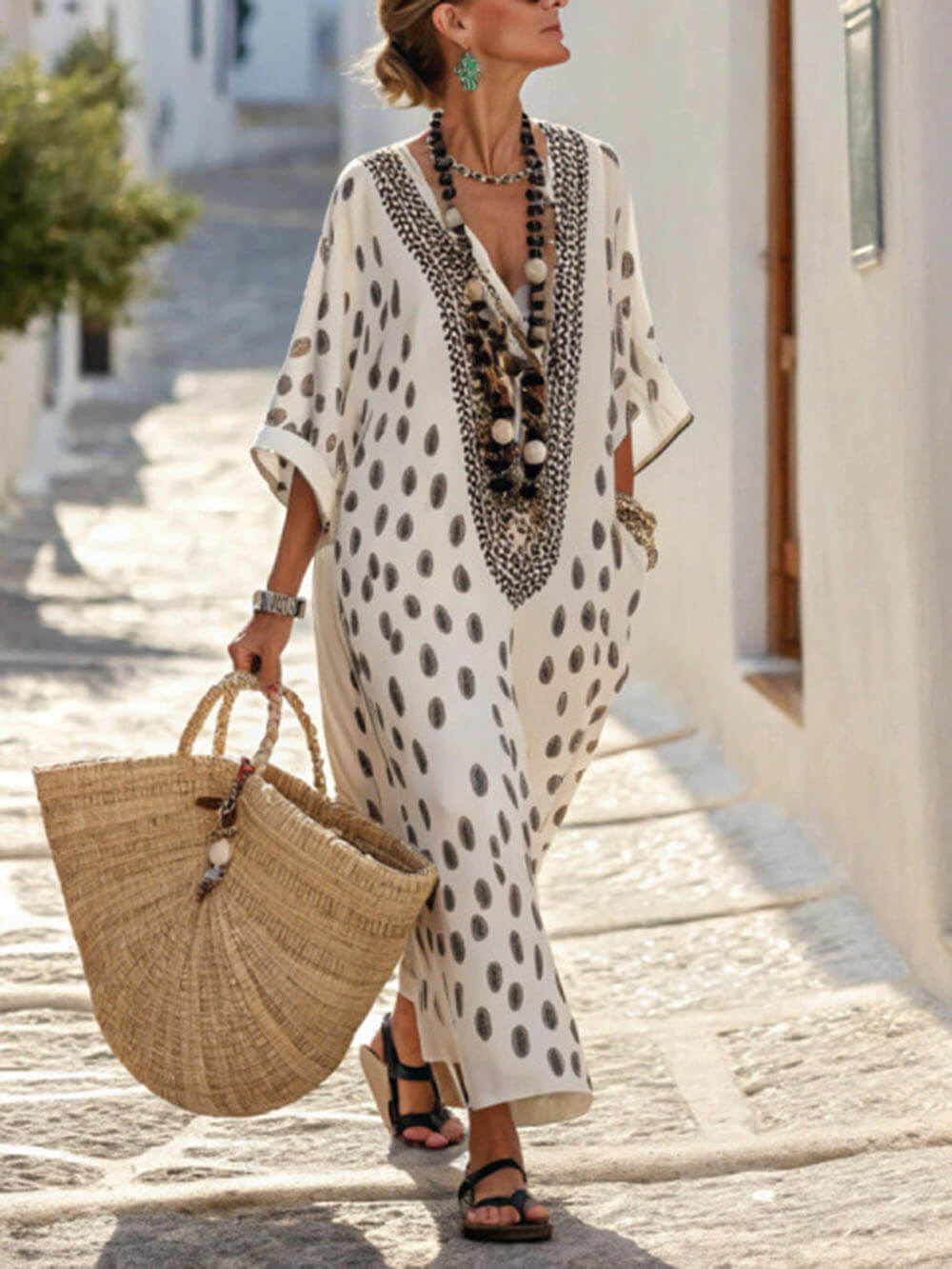 Bohemian Polka Dot Kimono Maxi Dress Black