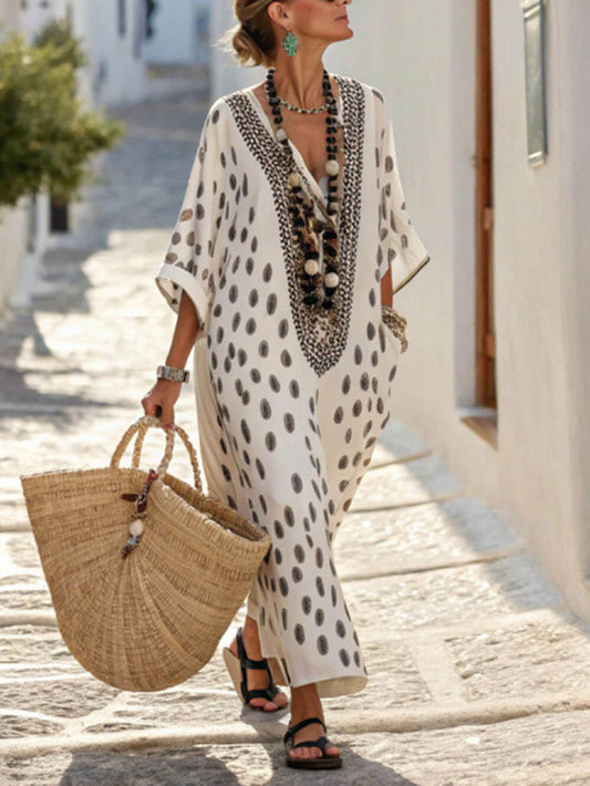 Bohemian Polka Dot Kimono Maxi Dress Black
