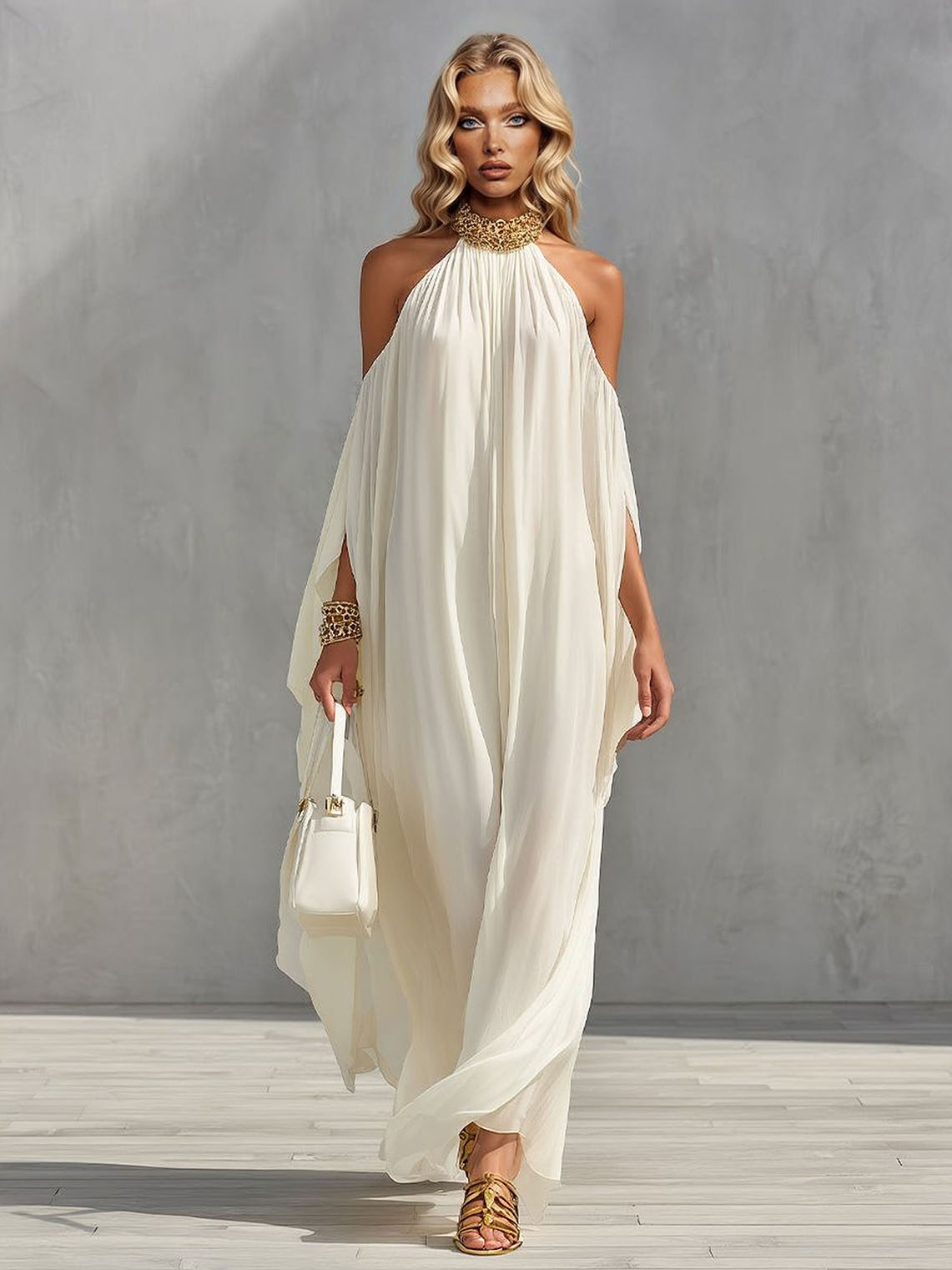 Elegant Off-the-shoulder Loose-fitting Maxi Dress Cream