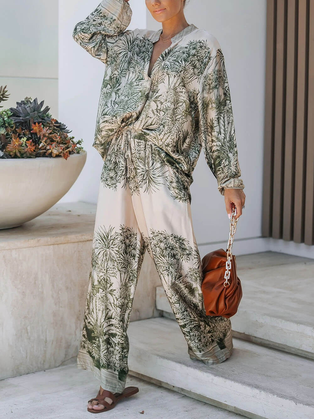 Casual Palm Leaf Print Loose-fitting Shirt