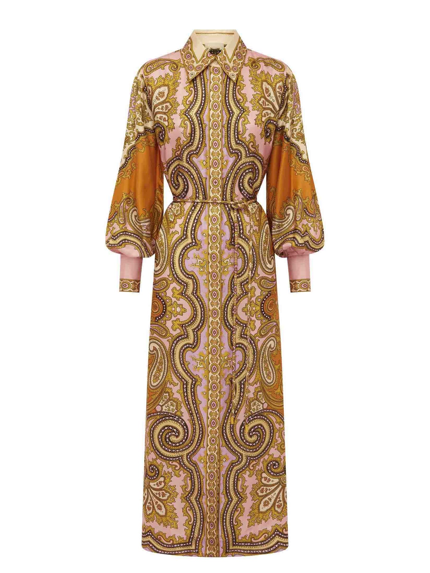 Exquisite Satin Unique Paisley Print Button Maxi Dress
