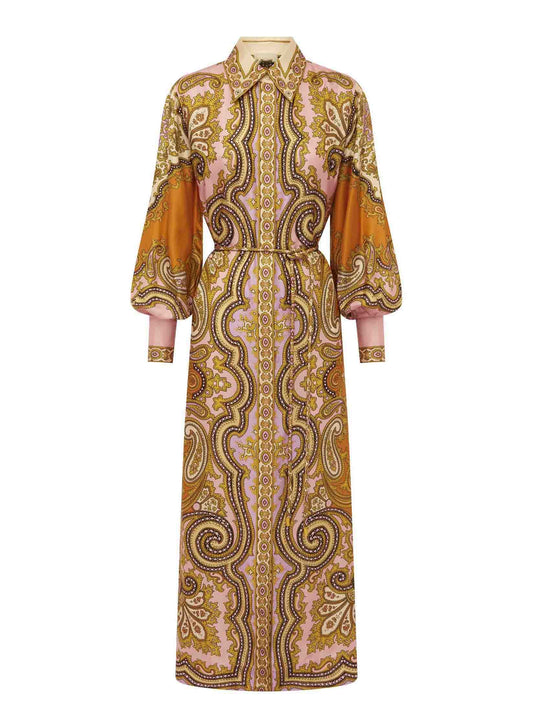 Exquisite Satin Unique Paisley Print Button Maxi Dress