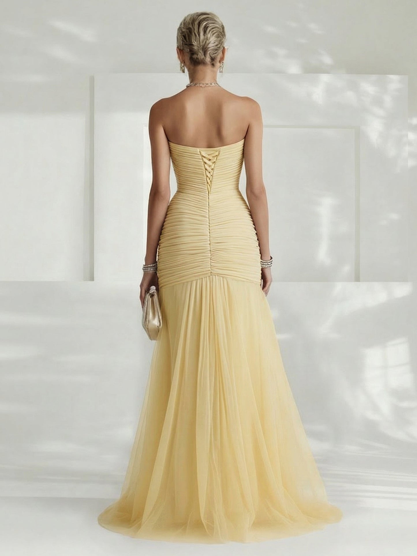Elegant Yellow Strapless Pleated Tulle Maxi Dress