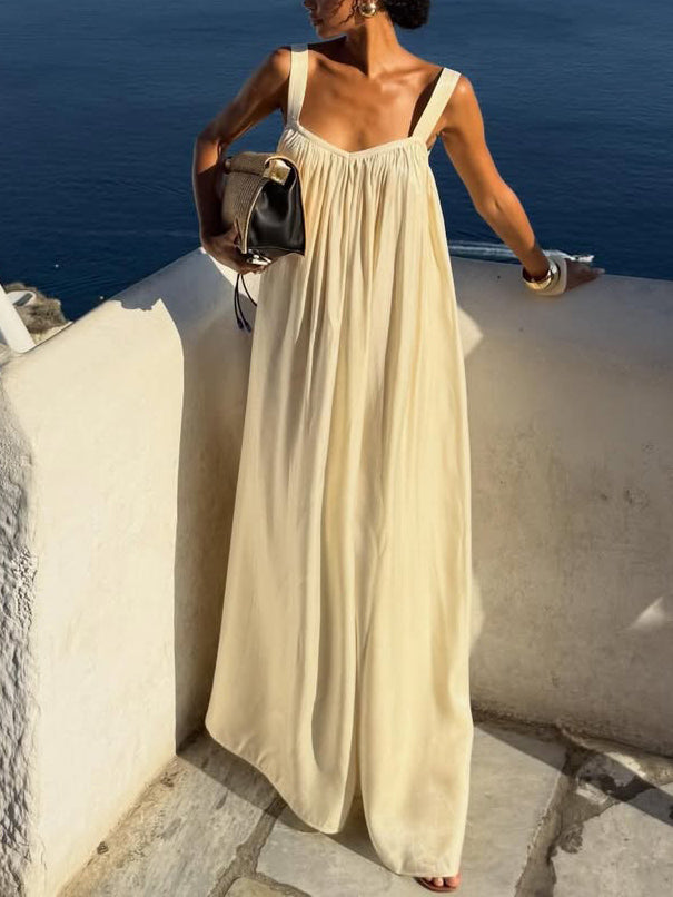 Elegant Satin Square Neckline Flowing Pleated Halter Dress Cream