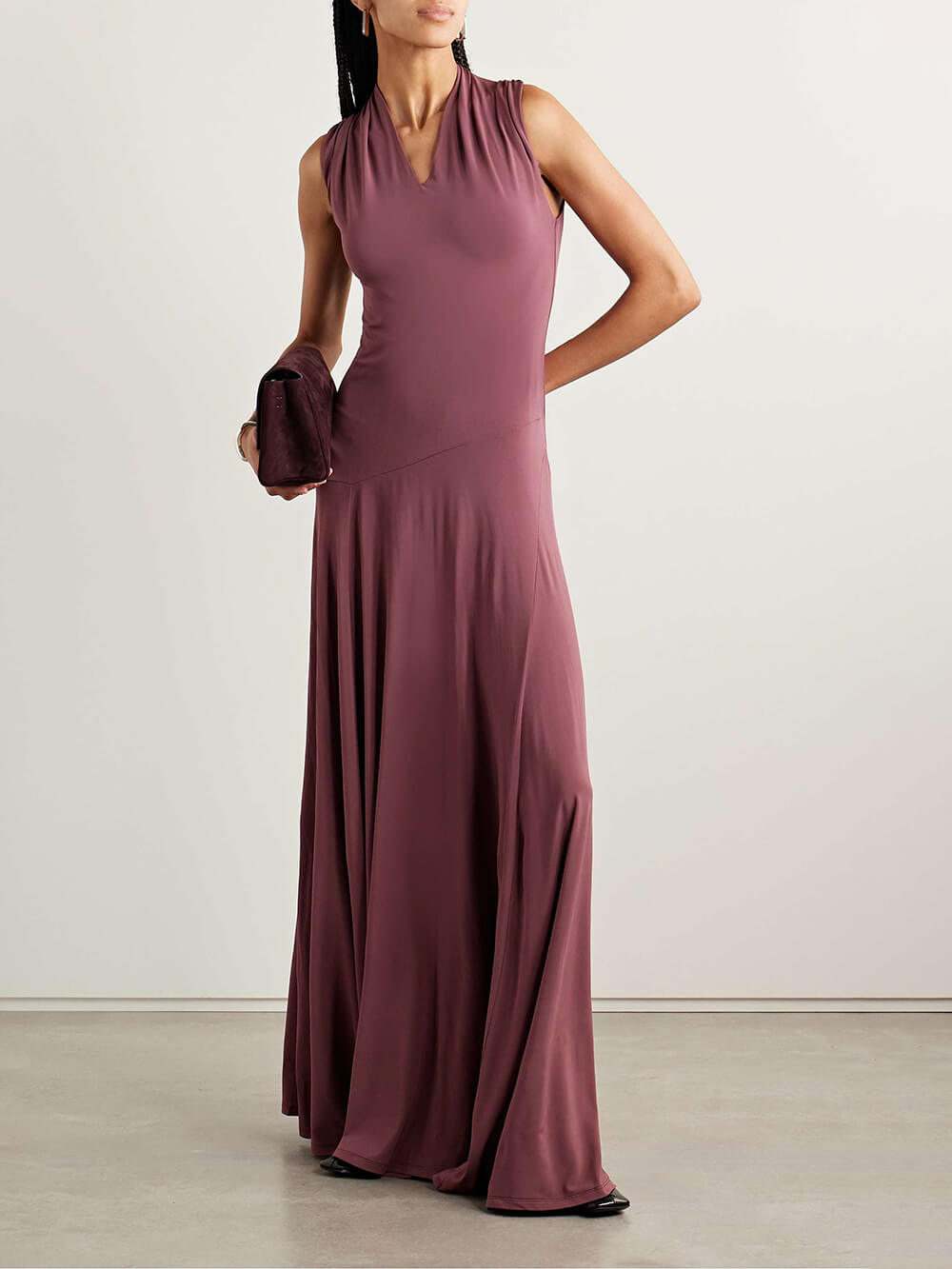 Elegant Gathered Stretch-Jersey Maxi Dress Grape