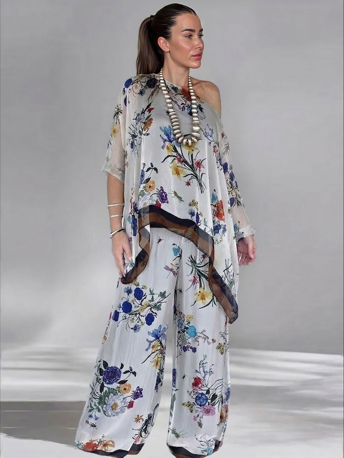 Elegant Sheer Floral Print Asymmetrical One-Shoulder Top & Wide Leg Pants Set Multi Set